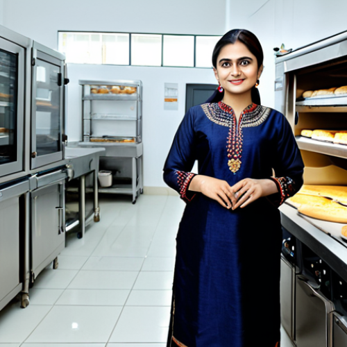 Home 8 **
A professional woman, fully clothed in a modest salwar kameez with intricate embroidery, standing confidently in a modern bakery kitchen. Stainless steel equipment and freshly baked goods are visible in the background. Safe for work, appropriate content, perfect anatomy, natural proportions, high resolution, professional photography, family-friendly.
**