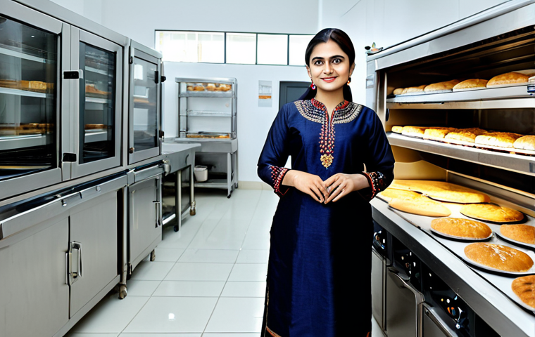 **

A professional woman, fully clothed in a modest salwar kameez with intricate embroidery, standing confidently in a modern bakery kitchen. Stainless steel equipment and freshly baked goods are visible in the background.  Safe for work, appropriate content, perfect anatomy, natural proportions, high resolution, professional photography, family-friendly.

**