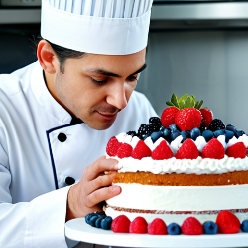 Home 3 **
A professional pastry chef, fully clothed in a clean white uniform, carefully decorating a multi-layered cake with fresh berries and intricate frosting details in a bright, spotless kitchen. Safe for work, appropriate content, professional, perfect anatomy, natural proportions, well-lit.
**