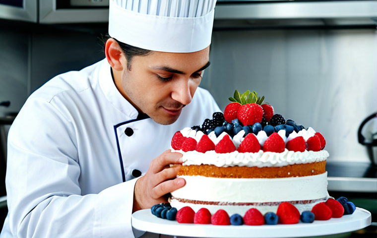 **

A professional pastry chef, fully clothed in a clean white uniform, carefully decorating a multi-layered cake with fresh berries and intricate frosting details in a bright, spotless kitchen. Safe for work, appropriate content, professional, perfect anatomy, natural proportions, well-lit.

**