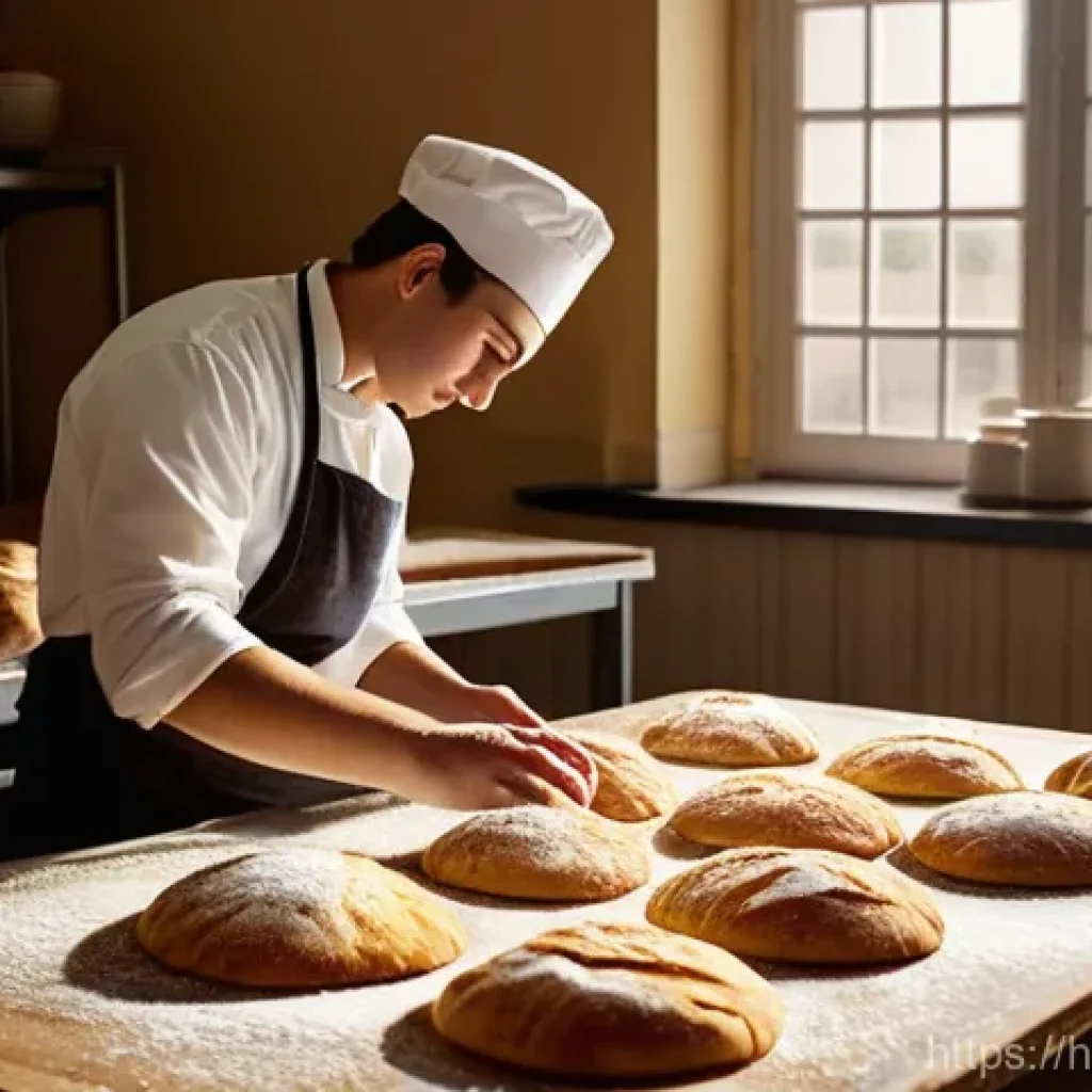 제과 관련 실무 경험 쌓는 방법 - **Prompt:** "A vibrant and busy professional bakery kitchen scene at dawn. An experienced baker, wit...