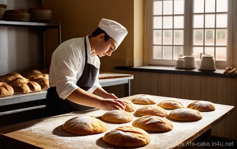 제과 관련 실무 경험 쌓는 방법 - **Prompt:** "A vibrant and busy professional bakery kitchen scene at dawn. An experienced baker, wit...