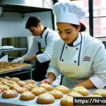 제과 자격증 취득 후 진로 변경 사례 - **Prompt:** A vibrant and bustling professional bakery kitchen. A young female baker, around 25-30 y...