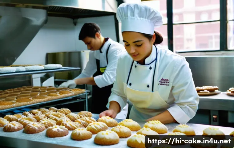 제과 자격증 취득 후 진로 변경 사례 - **Prompt:** A vibrant and bustling professional bakery kitchen. A young female baker, around 25-30 y...