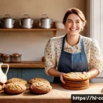 제과 자격증 보유자의 취업 사례 - **Prompt:** "A cozy home bakery scene. A cheerful female baker, wearing a clean, floral apron over a...