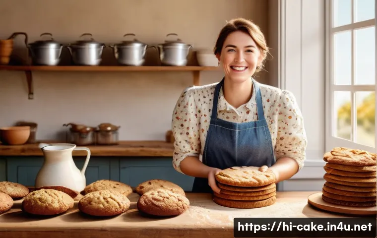 제과 자격증 보유자의 취업 사례 - **Prompt:** "A cozy home bakery scene. A cheerful female baker, wearing a clean, floral apron over a...