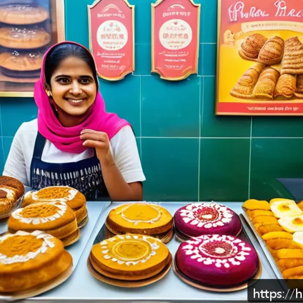 제과업계의 고용 트렌드 - A vibrant bakery storefront in an Indian urban local market setting, decorated with colorful traditi...