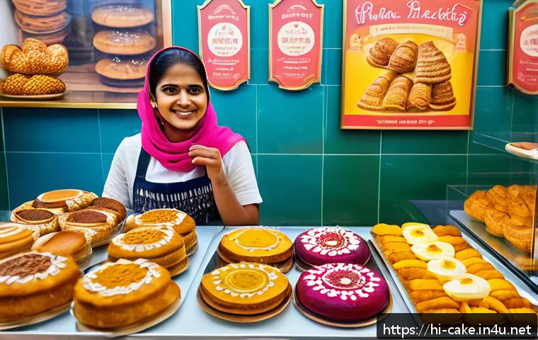 제과업계의 고용 트렌드 - A vibrant bakery storefront in an Indian urban local market setting, decorated with colorful traditi...
