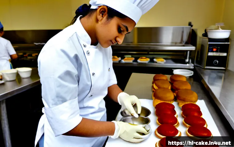 제과 자격증 준비 중 알아야 할 꿀팁 - Photorealistic Indian culinary student preparing for a pastry certification exam in a professional t...